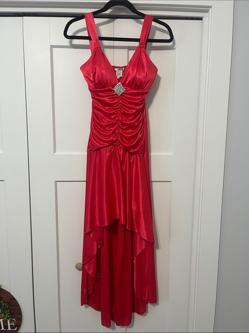 Y2K Deb Small Prom High Low Pink Satin Evening Dress with Rhinestone Accent